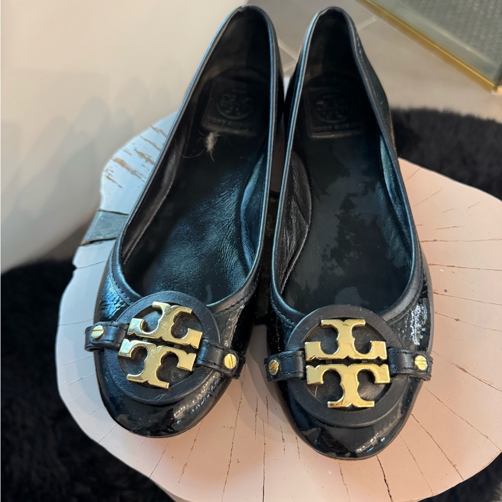 Tory Burch Black Patent Flats with Gold Emblem